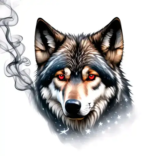 wolf with red eyes smoke and stars  tattoo design idea