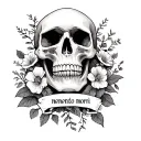 a skull facing forward with the phrase memento mori at the bottom. one side live flowers/vines. other side dead  tattoo design idea