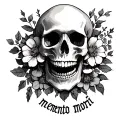 a skull facing forward with the phrase memento mori at the bottom. one side live flowers/vines. other side dead  tattoo design idea