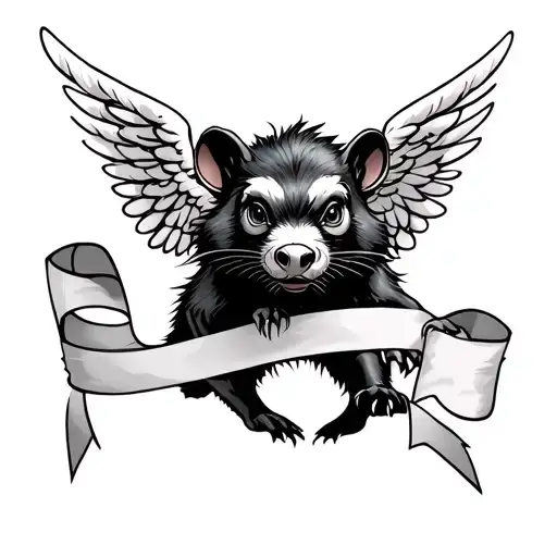 Tasmanian devil with angel wings holding ribbon upside down tattoo design idea