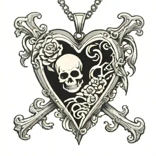 sad skeleton heart shaped locket tattoo design idea