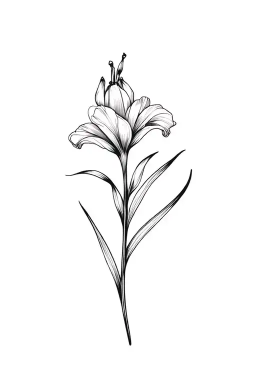 basic fine line gladiolus flower in black and white tattoo design idea