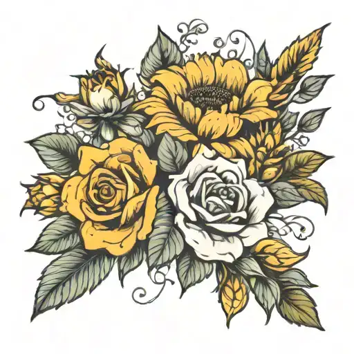 dainty flower bouquet with a rose, sunflower, and snapdragon tattoo design idea