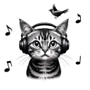 cat wearing headphones with a small bird flying on top of a musical note. minimalist tattoo design idea