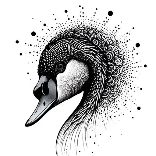 swan evolving dot around head profile holding tattoo design idea