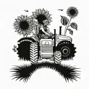 A farmer driving a tractor through a sunflower field with friends waving from the back tattoo design idea