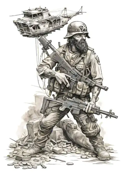battle scene in iraq with boots rifle dog tags and helmet and a pirate ship  tattoo design idea