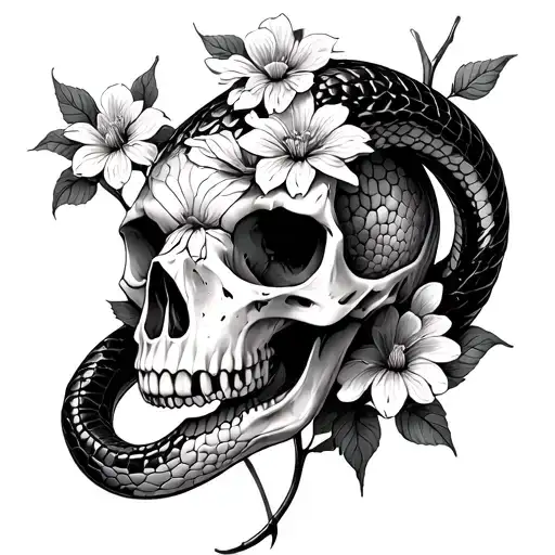snake skull with flowers blooming tattoo design idea