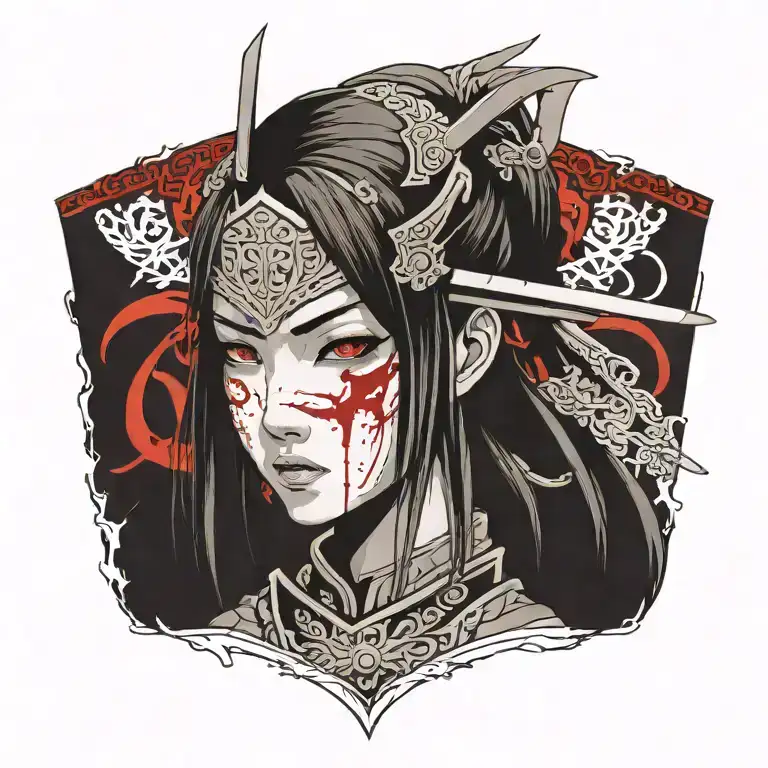 samurai girl dark souls with blood on her face tattoo design idea