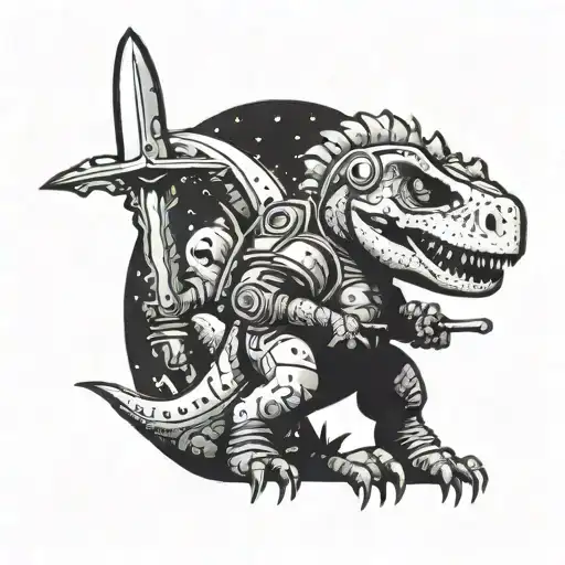 cartoon dinosaur wearing an astronaut helmet on a planet with a longsword and trident somewhere tattoo design idea