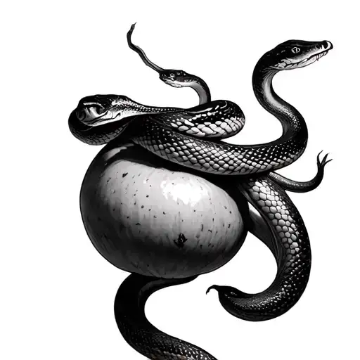 eve reaching for the forbidden fruit, snake ontop of the fruit tattoo design idea