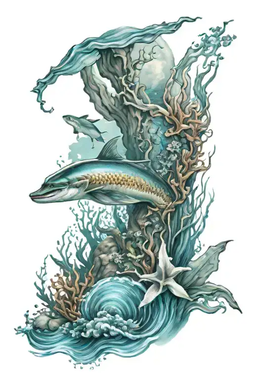 ocean theme leg sleeve tattoo design idea