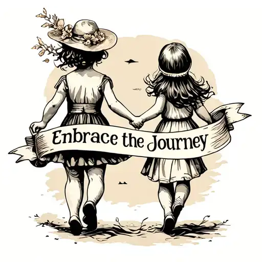 2 daughter and one son, holding hands walking away, with a banner "embrace the journey" tattoo design idea