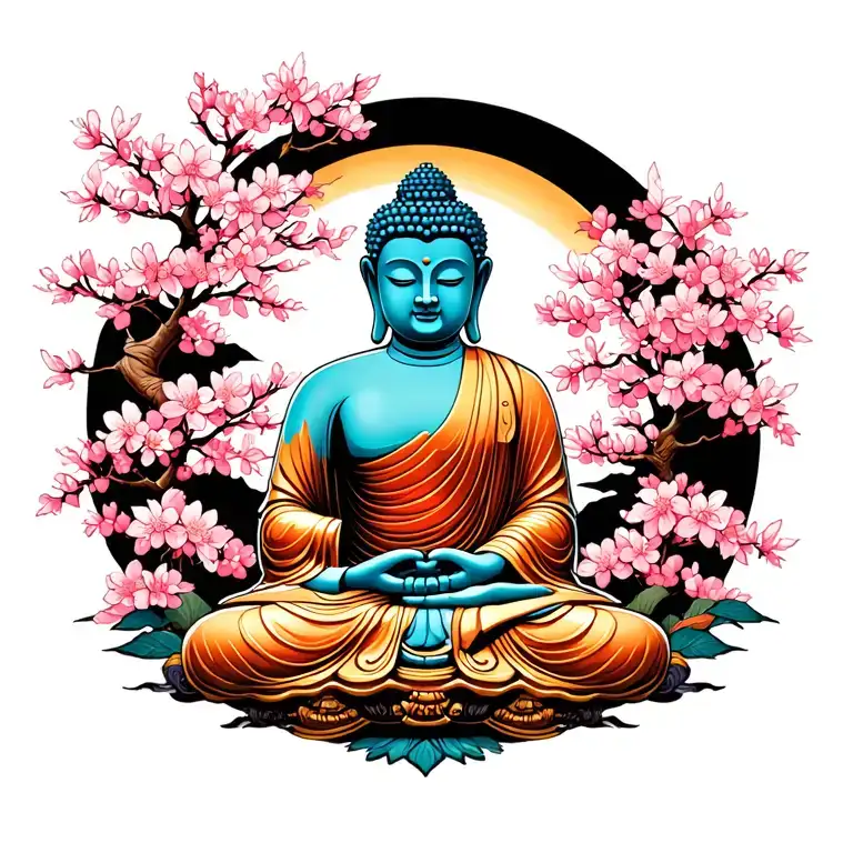 cherry blossom tree, Buddha statue tattoo design idea