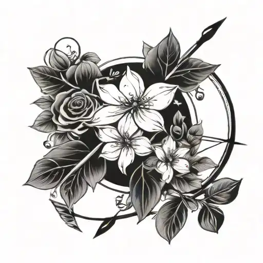 Drawn bow and arrow flowers  tattoo design idea