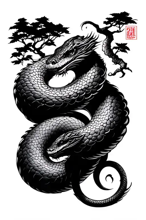 year of the snake, trees, fine line tattoo design combining elements tattoo design idea