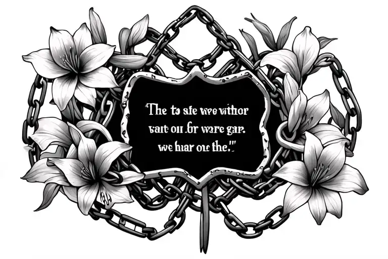 multiple small broken chains intertwined with small amaryllis flowers in the background with room for a quote in center tattoo design idea