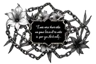 multiple small broken chains intertwined with small amaryllis flowers in the background with room for a quote in center tattoo design idea