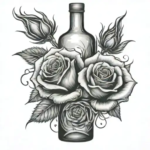 only two roses in an alcohol bottle in flames tattoo design idea