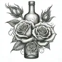 only two roses in an alcohol bottle in flames tattoo design idea