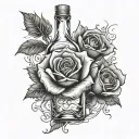only two roses in an alcohol bottle in flames tattoo design idea