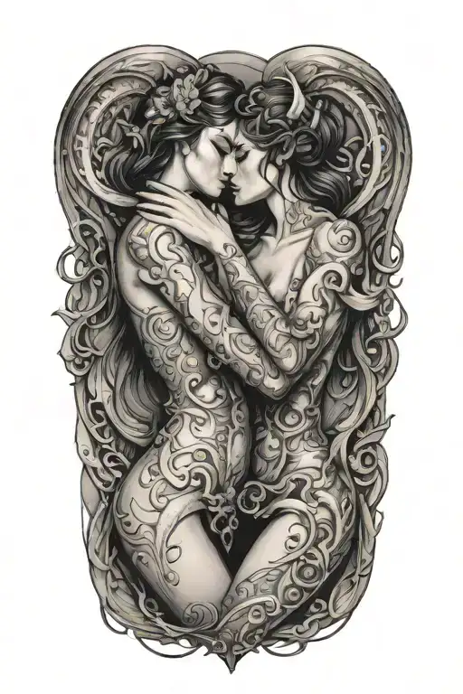 Two succubi making out, embracing. Sexual, erotic, passion. tattoo design idea