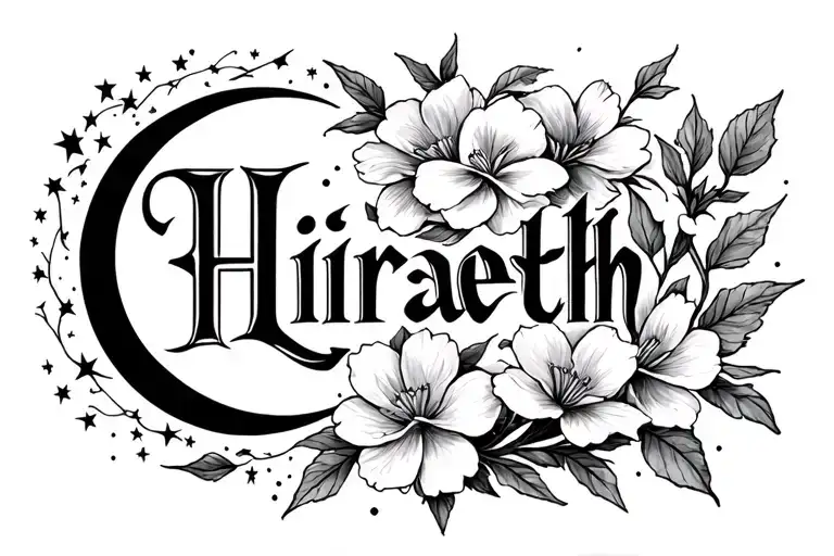 "Hiraeth" dogwood flowers, stars, moon fantasy book tattoo design idea