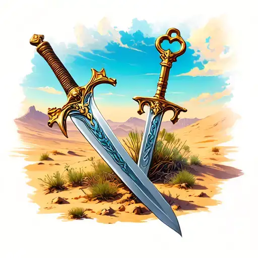 keys and sword in a desert scene tattoo design idea
