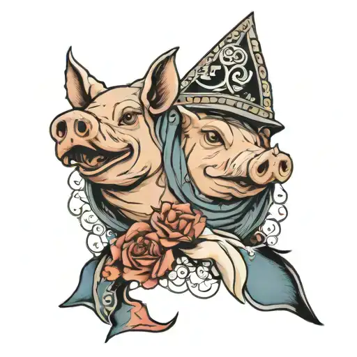 pig in a veil holding a shark's fin standing next to each other tattoo design idea