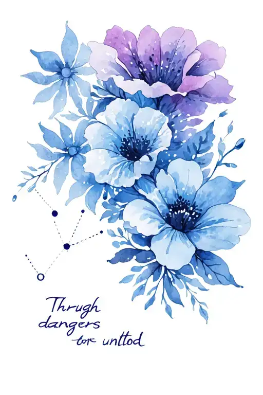 "Through dangers untold " flowers and Pisces constellation tattoo design idea
