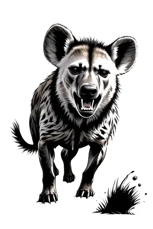 Hyena, realistic, in full height, fangs, freezes in the air tattoo design idea