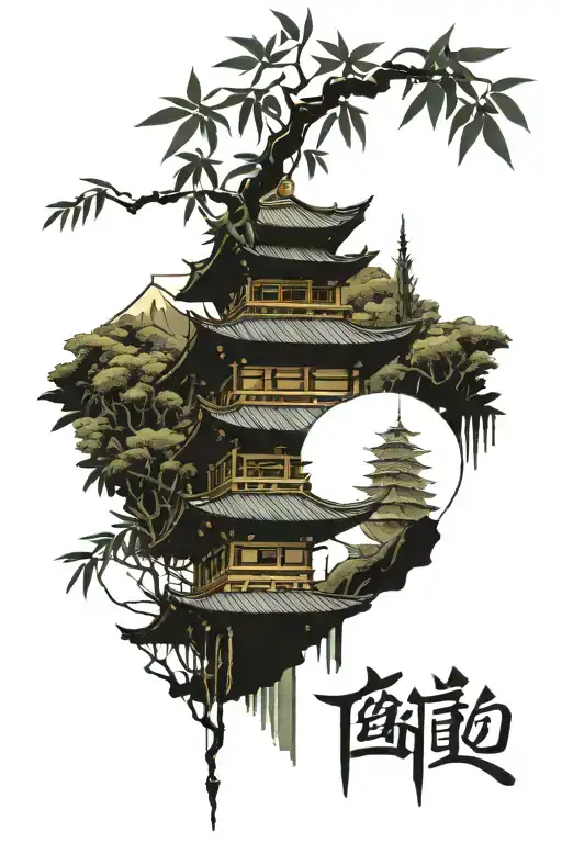 bamboo tree branches and Japanese temple collage  tattoo design idea