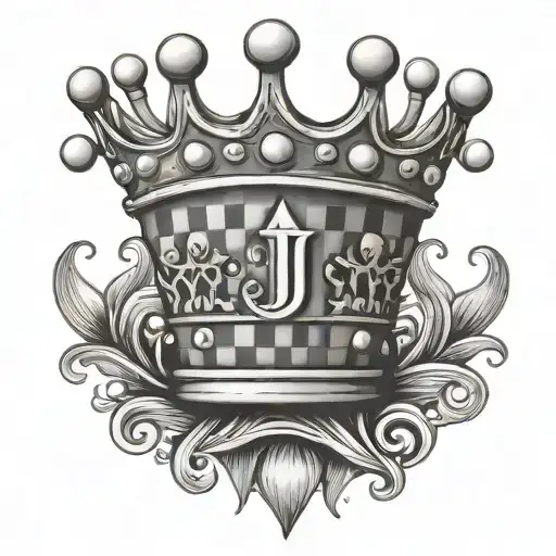 A crown with letter J and a checkers board design tattoo design idea