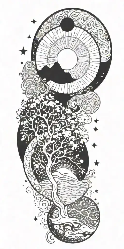sun and moon, constellation aquarius, tree and fire around it tattoo design idea