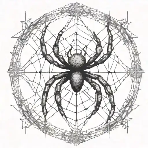 An abstract representation of a spider intertwined with cybersigilism symbols on a fence tattoo design idea
