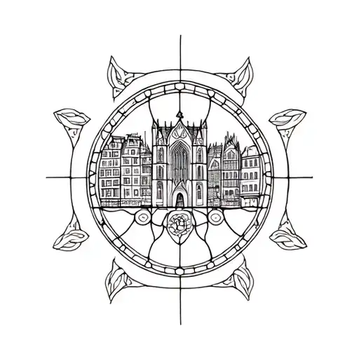 A minimalist tattoo of the cityscape of Strasbourg, the director's favorite city, with a cathedral stained glass window as the centerpiece tattoo design idea
