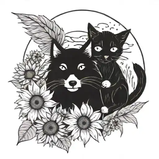 A playful design of a cat and dog cuddling in a sunflower field, with anime-inspired eyes tattoo design idea