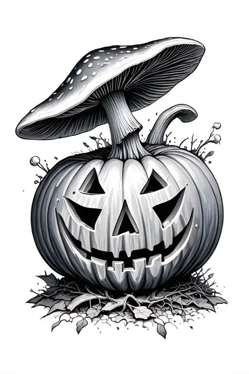 psychedelic mushroom growing out of jack o latern tattoo design idea