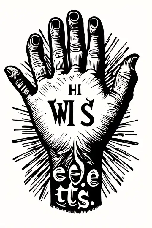 An outline of a hand with the outline trace of the hand created with the letters h i s w e e t s on the outline trace tattoo design idea