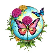 globe amaranth and butterfly flying tattoo design idea