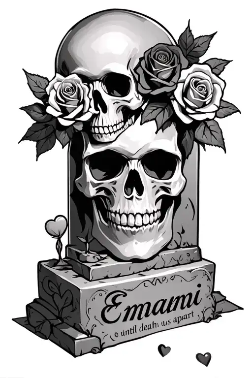 Skull, roses, tombstone, until death do us apart, name Emani, heart tattoo design idea