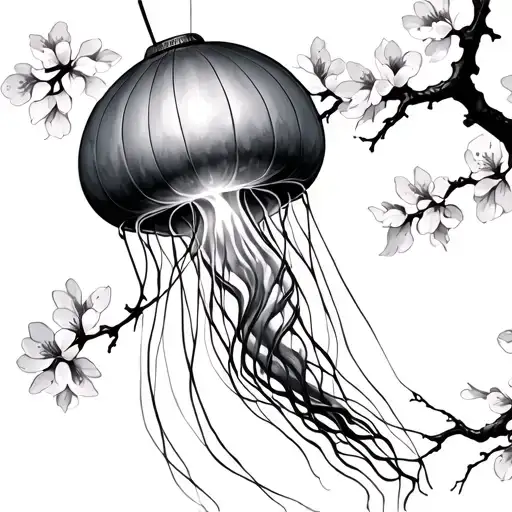 chinese lantern and jellyfish and cherry blossom branch tattoo design idea