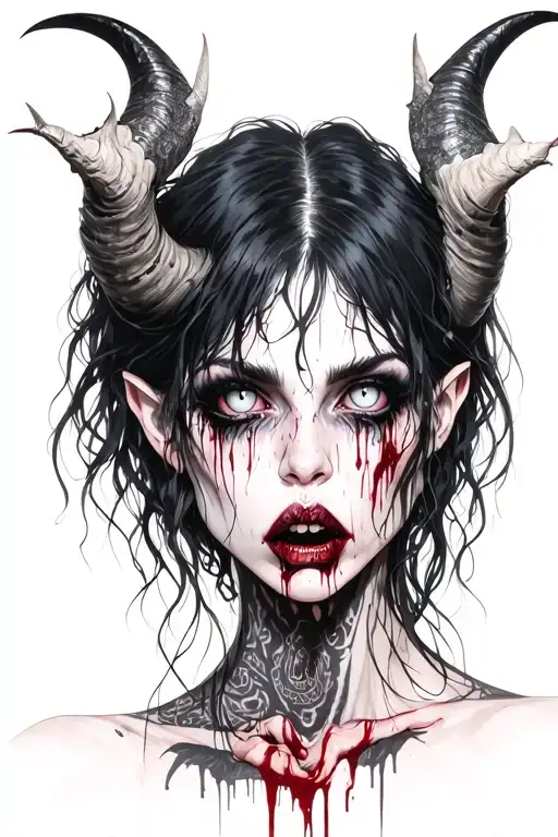 Sexy pale skinny Girl, pure white eyes, demonic black horns, messy black hair, long terrifying fingernails. bloody. tattoo design idea