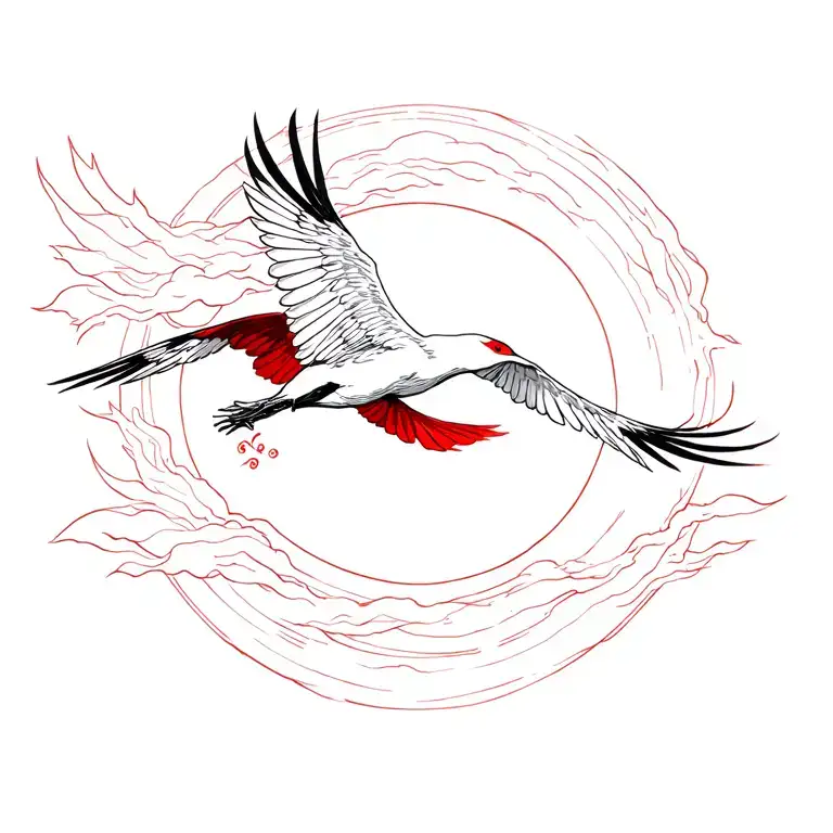 Japanese, flying crane, red sun, fine lines tattoo design idea