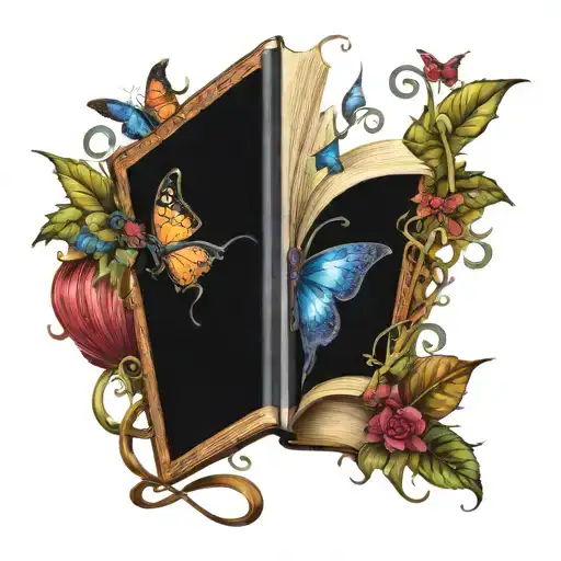 dragon  with open books butterflies, vines and flowers swirling around in dark jewel tone colors tattoo design idea