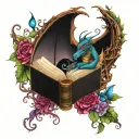 dragon  with open books butterflies, vines and flowers swirling around in dark jewel tone colors tattoo design idea