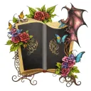 dragon  with open books butterflies, vines and flowers swirling around in dark jewel tone colors tattoo design idea