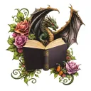 dragon  with open books butterflies, vines and flowers swirling around in dark jewel tone colors tattoo design idea