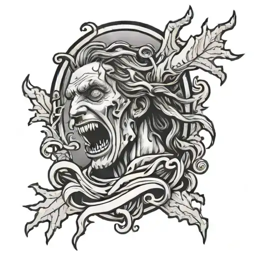 god and screaming person trapped tattoo design idea