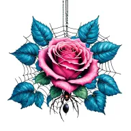 Blue pink with cobweb and a spider hanging from the rose tattoo design idea